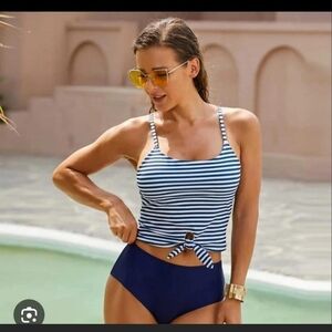 Navy Striped Women's Swim Top